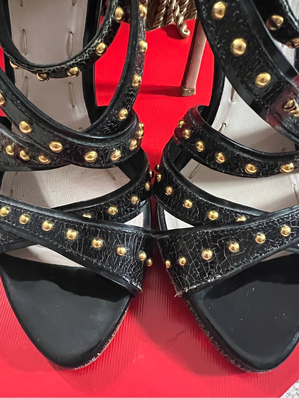 Miu Miu Black Crackled Leather Studded Strappy High-Heel Sandals ā¤ļøāš„ - Picture 3 of 16